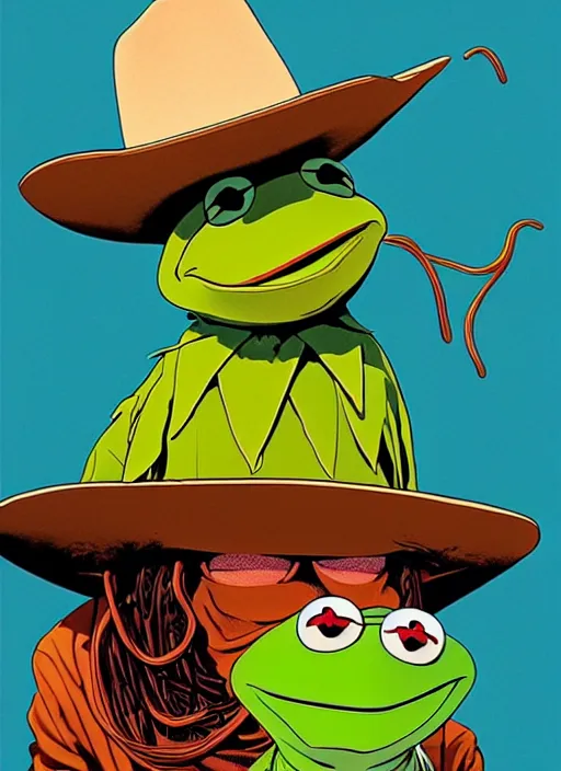 Prompt: poster artwork by Michael Whelan and Tomer Hanuka, portrait of Kermit the Frog wearing a cowboy hat, background Old spaghetti western, clean