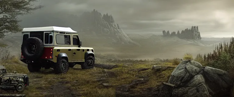 Image similar to Land Rover Defender 110 (1985), an epic fantasy, dramatic lighting, cinematic, establishing shot, extremely high detail, photorealistic, cinematic lighting, artstation, by simon stalenhag, The Elder Scrolls V: Skyrim, Whiterun Hold, Burning Dragonsreach castle in the distance, Battle for Whiterun city, Stormcloaks vs Imperials, Swarms of Stormcloaks and Imperials fighting eachother, Intense fighting, Whiterun city burning, Skyrim Civil War, High casualties, blood and dead soldiers