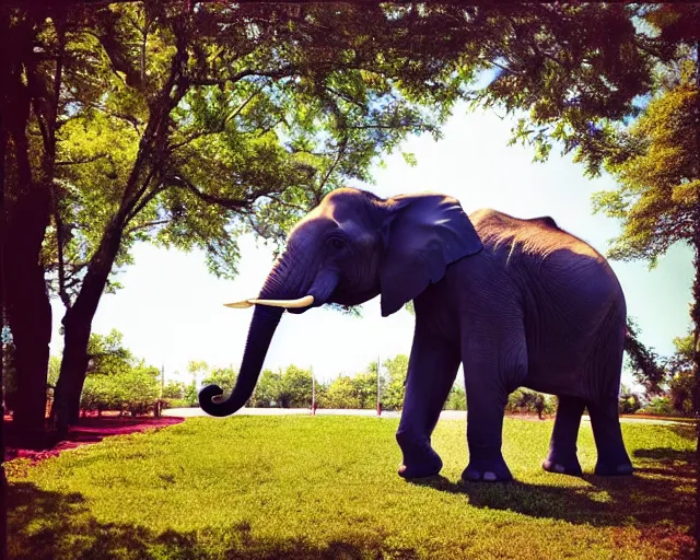 Image similar to an elephant painting a picture with its trunk holding a paintbrush while standing outside in a park on a sunny day, octane, shot on an iphone,