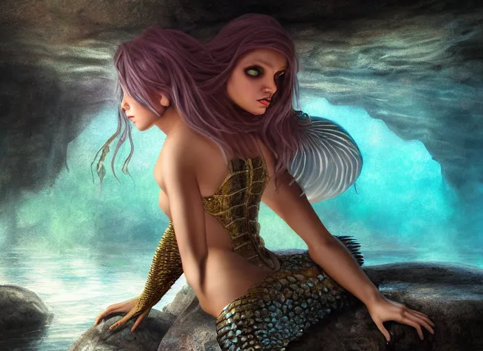 Image similar to soft painting portrait of an armored mermaid sitting on a rock in a river in an underground cave. fantasy magic style. highly detailed 8 k. intricate. lifelike. soft light. cinematic post - processing