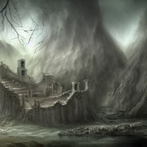 Image similar to landscape in hell, river styx, ruins, fortresses, dark, hellscape, digital art