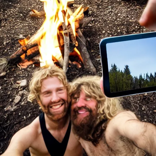 Prompt: two neanderthals by a fire taking a selfie with a polaroid camera