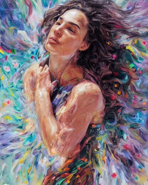 Prompt: Flower storm portrait of Gal Gadot, vortex of petals and radiant light, in the style of Jenny Saville, highly detailed palette knife oil painting