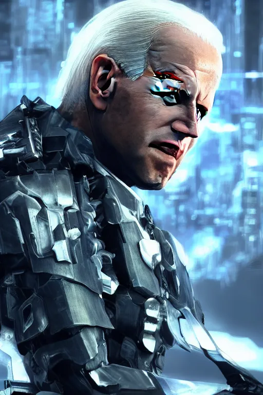 Image similar to joe biden in metal gear rising revengeance, metal gear rising, metal gear, joe biden, octane render, 8 k, realistic face, realistically proportioned head, realistically proportioned face