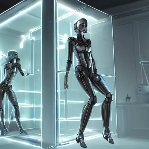 Prompt: a extremely realistic digital image of a stunning woman imprisoned in a four-dimensional glass box, full body shot, with extremely realistic sci-fi, futuristic robots observing her, by Andrea Chiampo, artstation and Frederik Heyman, extremely detailed woman, stunning volumetric lighting, hyper realism, fantasy 4k