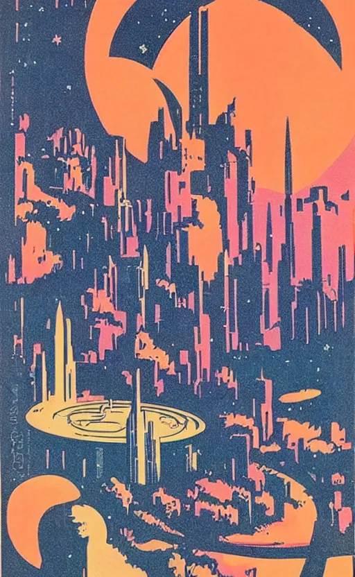 Prompt: 1 9 5 0 s french travel poster for a futuristic city on the moon, risograph