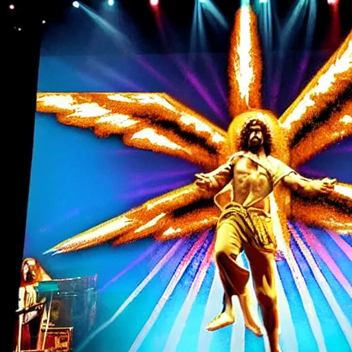 Prompt: Jesus christ, superstar, electric guitar, on stage, wings of flame