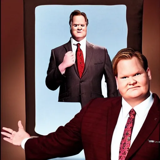 Image similar to Andy Richter is wearing a chocolate brown suit and necktie, holding a sign that reads Stop making these images of me of I WILL tell Conan!! Andy has a stern look on his face