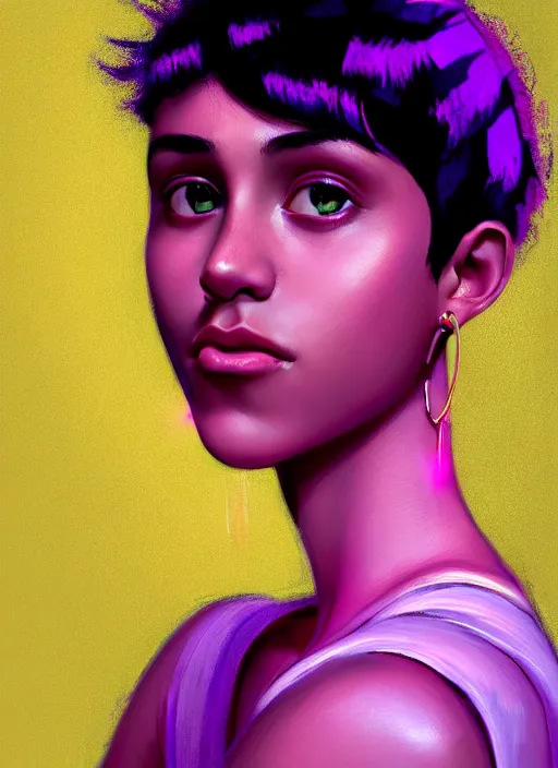 Image similar to portrait of teenage vanessa morgan with bright pink hair, black girl, curly pixie cut hair, wearing a purple breton cap, breton cap, hoop earrings, intricate, elegant, glowing lights, highly detailed, digital painting, artstation, concept art, smooth, sharp focus, illustration, art by wlop, mars ravelo and greg rutkowski