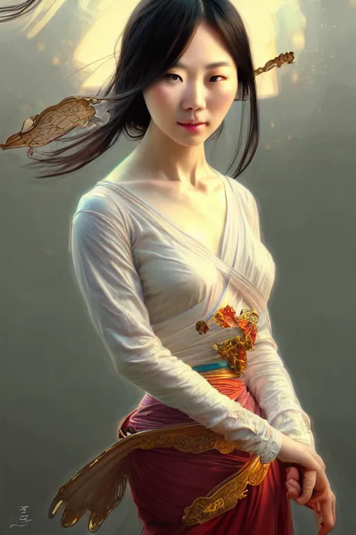 Image similar to clear portrait of a chinese attractive women, cottagecore!!, background hyper detailed, character concept, full body, dynamic pose, glowing lights!! intricate, elegant, highly detailed, digital painting, artstation, concept art, smooth, sharp focus, illustration, art by artgerm and greg rutkowski and alphonse mucha