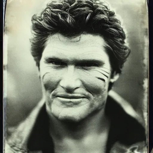 Prompt: old photo of david hasselhoff eating, daguerrotype, tintype, dirty. faded. old photograph, polaroid, highres, wet plate collodion, scratches