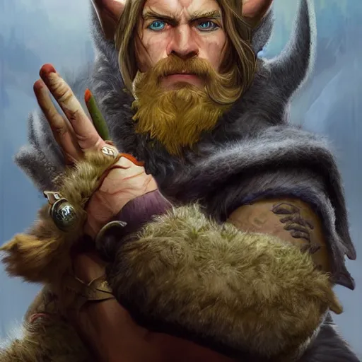 Image similar to dnd character concept portrait, angry elf druid with tamed ox pet, detailed, high quality, dynamic lighting, fantasy, artwork by artgerm, wlop, alex ross, greg rutknowski, alphonse mucha