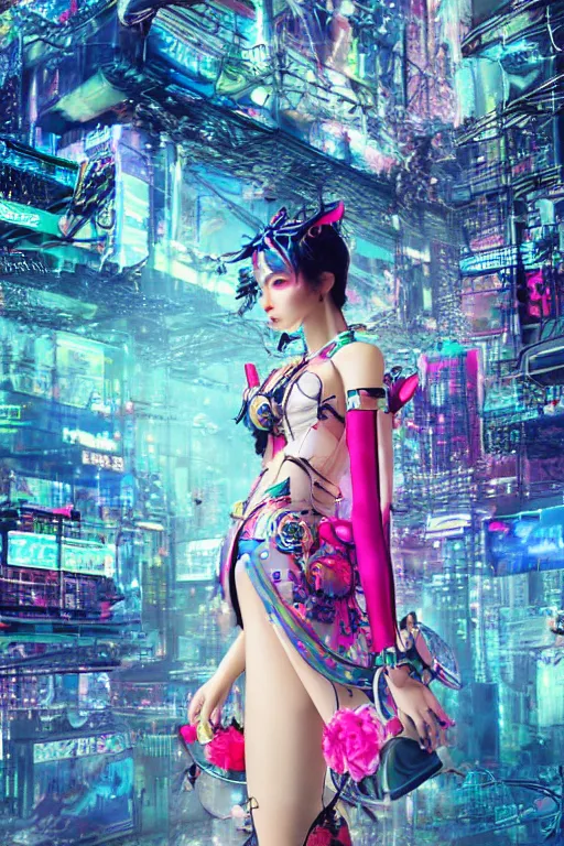 Prompt: antediluvian steppe magical girl wearing cybernetic floral valentino, cyberpunk steppe market background, bright fashion photography, hyperrealistic