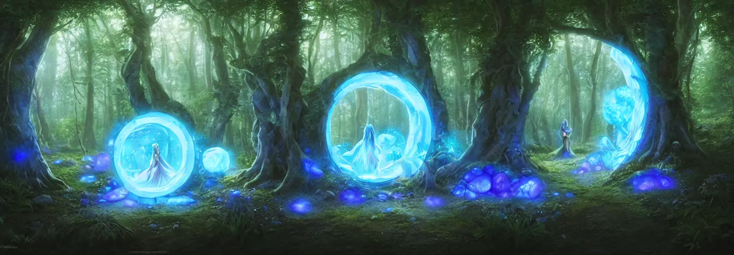 Prompt: Fantasy Magical fairy-tale glowing blue stone portal in the forest. Round stone portal teleport in trees to other worlds. Fantastic landscape. Magic Altar in the fores, highly detailed, digital painting, artstation, concept art, smooth, sharp focus, illustration, art by artgerm and greg rutkowski and alphonse mucha