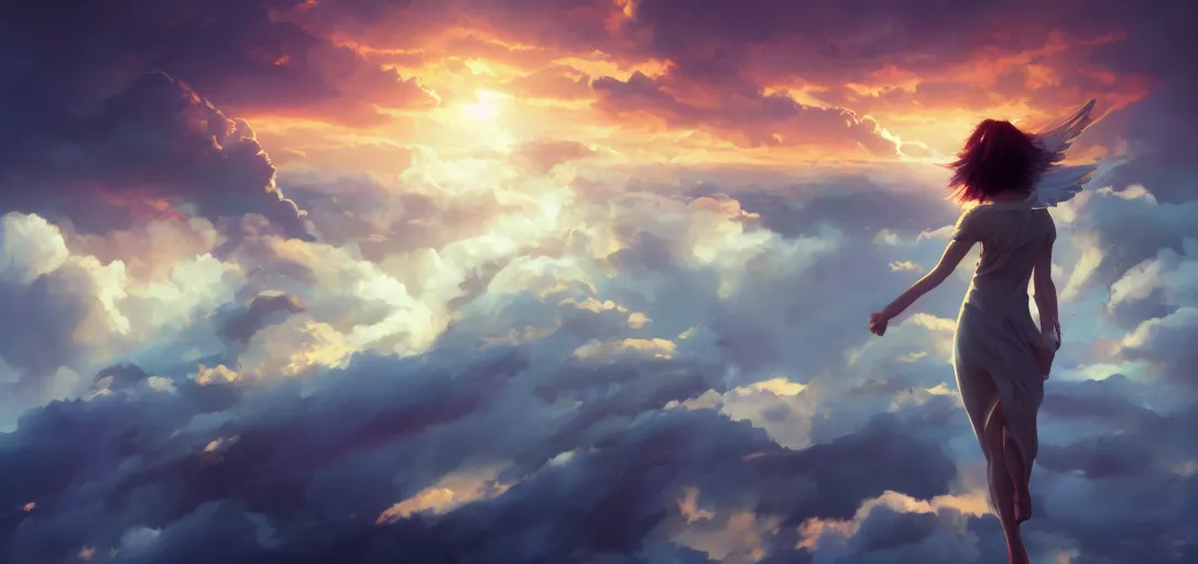 Image similar to beautiful woman angel flying peacefully, dramatic clouds, sunset, hazy, gentle, soft lighting, wojtek fus, by Makoto Shinkai and Ilya Kuvshinov,
