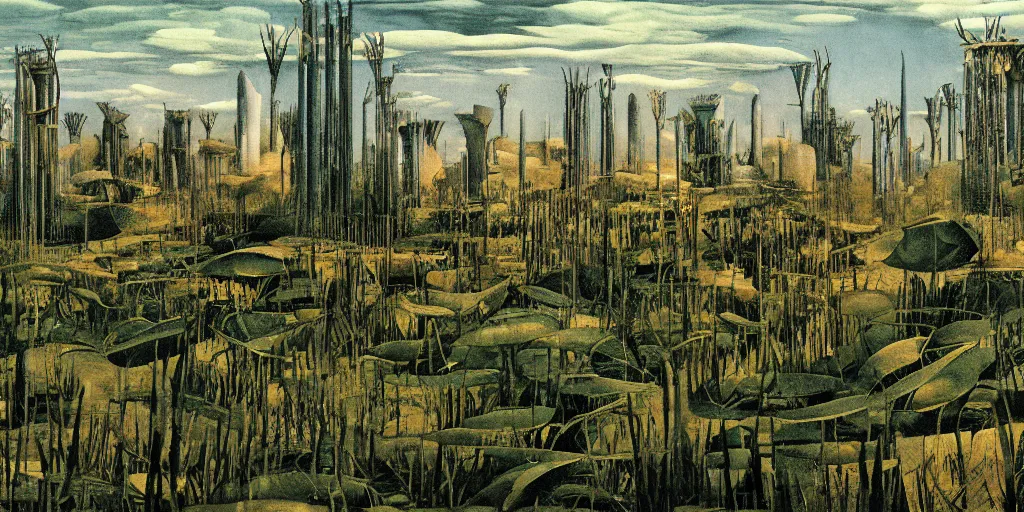 Image similar to Artwork of the Cinematic view of a diatoms forest by Giorgio de Chirico, Trending on artstation