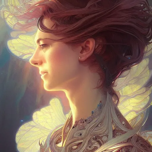 Image similar to portrait of human consciousness, highly detailed, digital painting, artstation, concept art, sharp focus, illustration, art by artgerm and greg rutkowski and alphonse mucha