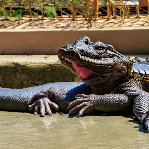 Prompt: baby in the alligator enclosure