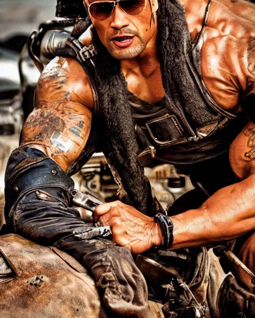 Image similar to film still close up shot of dwayne johnson as max rockatansky in the movie mad max. photographic, photography