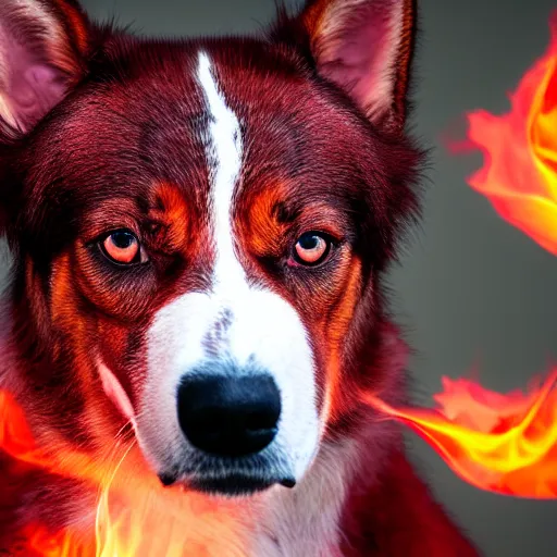 Image similar to ultra detailed photo of a dog with red flaming fur