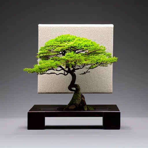 Image similar to This kinetic sculpture is composed of two rectangles of different sizes and colors, separated by a thin line. The bottom rectangle is larger and warmer in color. The top rectangle is smaller and lighter in color. The line that separates the rectangles creates a sense of tension and balance. A deep background provides a sense of depth and space. bonsai by John Bauer lively