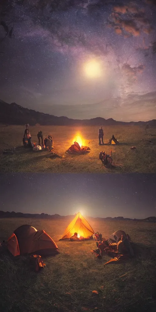 Image similar to symmetry!! they are tent camping by the campfire under a sky full of stars, surreal landscape, golden hour, very detailed, perfect composition, perfect lighting, 4 k, trending on artstation, greg rutkowski, derek zabrocki, artgerm, chuck close, ruan jia