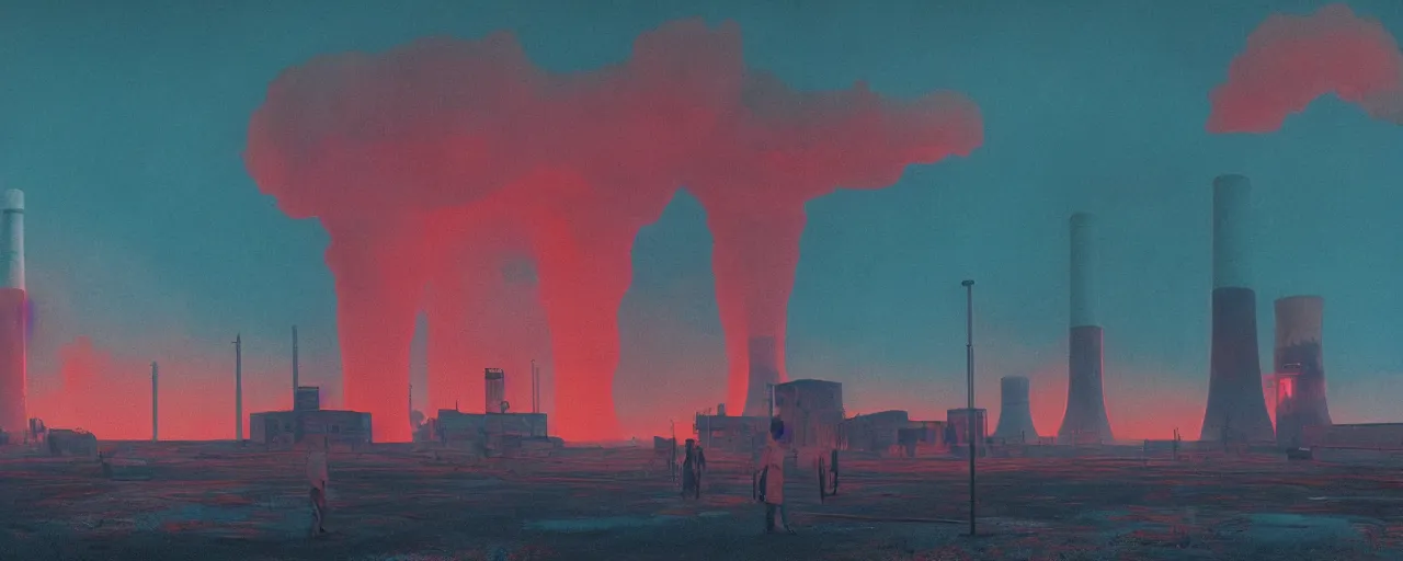 Prompt: the wind pushed the dense fog hanging over glowing bubbling neon orange pool of radioactive waste to form red white charcoal tie dye clouds, in the background the abandoned nuclear plant loomed, digital concept art by Simon Stalenhag, Beeple, Jeffrey Smith, Unreal Engine, 8k HDR