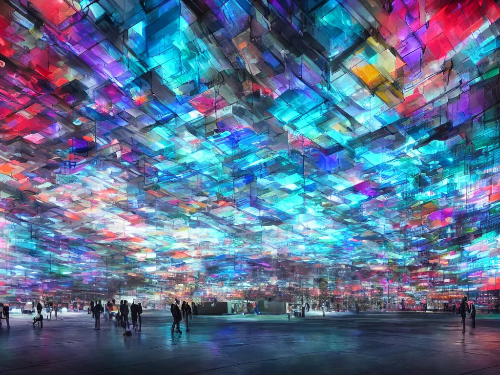 Prompt: modern architecture with a big led screen and integrated media elements and integrated, with moving lights, in the style of refik anadol, colorful, creative, photorealistic render