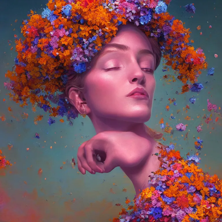 Prompt: a beautiful oil painting hyperrealism of a beautiful woman, flowers, floral headdress, 8 k resolution, octane render, trending on artstation, by gediminas pranckevicius, volumetric light 2 blue fractal thunder glow by dan mumford, anaglyph effect, laurie lipton