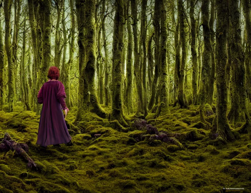 Image similar to ravenfolk woman wandering in the lichen woods. safe for work, complementary colors, professional photography, matte painting, luminescent, 3 d render, 4 k, rimlight.