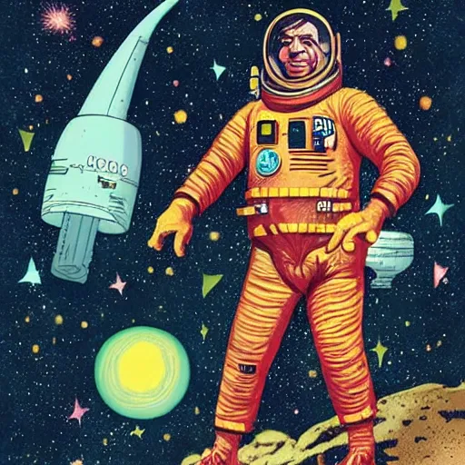 Prompt: neanderthal in a space suit floating in space, stars glittering in background, pulp science fiction illustration