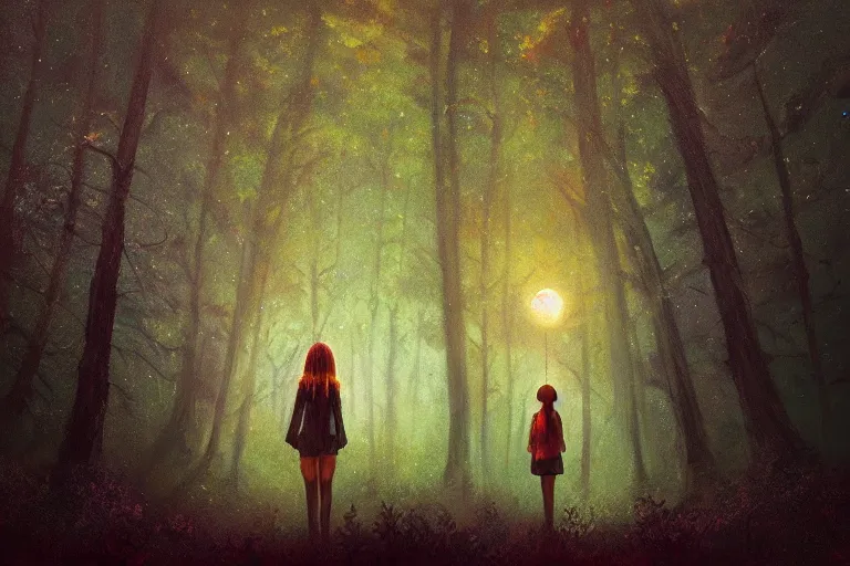 Image similar to giant sunflower head, girl walking in a moonlit forest, hills, surreal photography, dark night, star trails, dramatic light, impressionist painting, clouds, digital painting, artstation, simon stalenhag