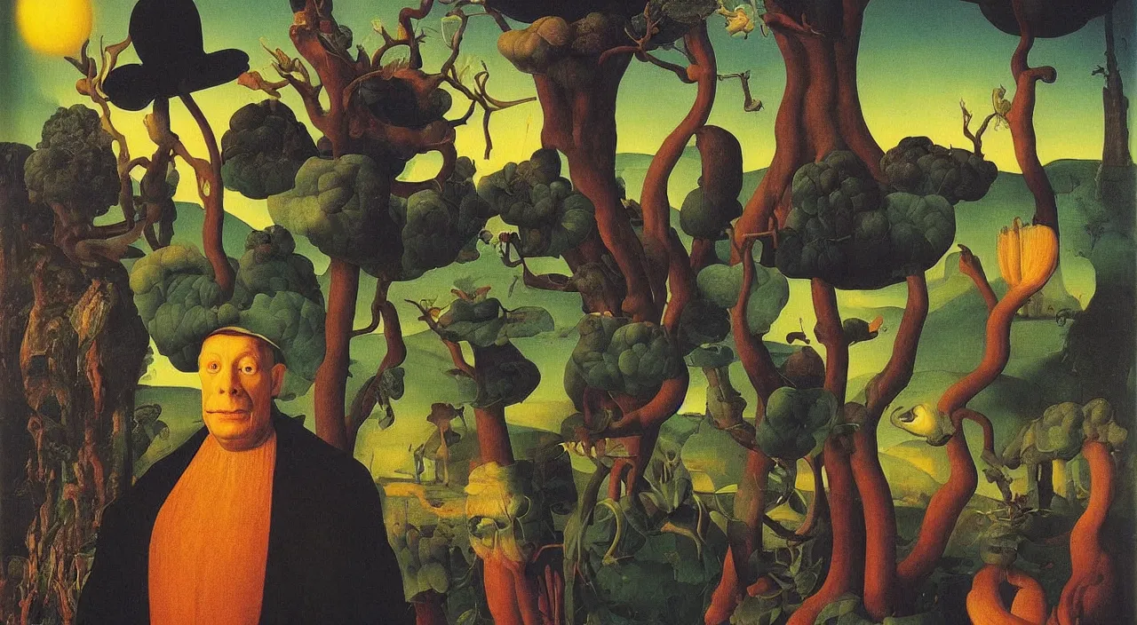 Image similar to portrait of a surreal fungus man. painting by jan van eyck, audubon, rene magritte, agnes pelton, max ernst, walton ford, high contrast!!, dark shadows, sunny day, hard lighting, masterpiece