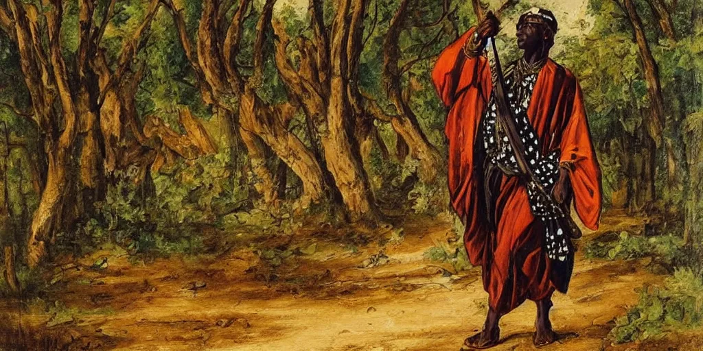 Image similar to ashanti soldier wearing a toga with african print. he is walking through the forest. romanticist painting