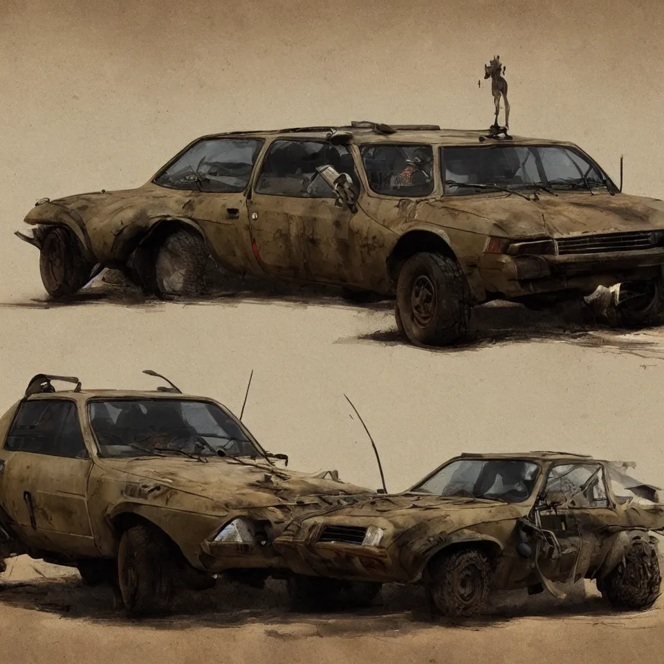 Prompt: a lonely Dacia 1310 in Mad Max, artstation, concept art