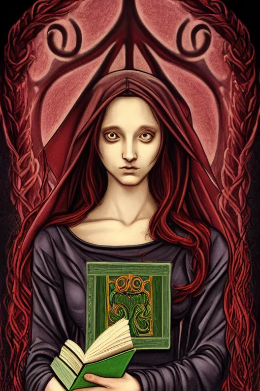 Image similar to raphael illustration of romantic girl, her cat and her book of necronomicon, symmetrical, cinematic, sharp focus, 4 k, ultra hd, sense of awe, sinister demonic atmosphere, dreadful, forbidden knowledge, old gods, cthulhu, yog - sothoth! yah, yah, yah! cultist journal cover