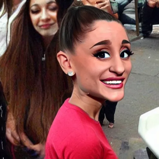 Prompt: hillarious caricature of ariana grande with colossal nose and huge grin trending on facebook