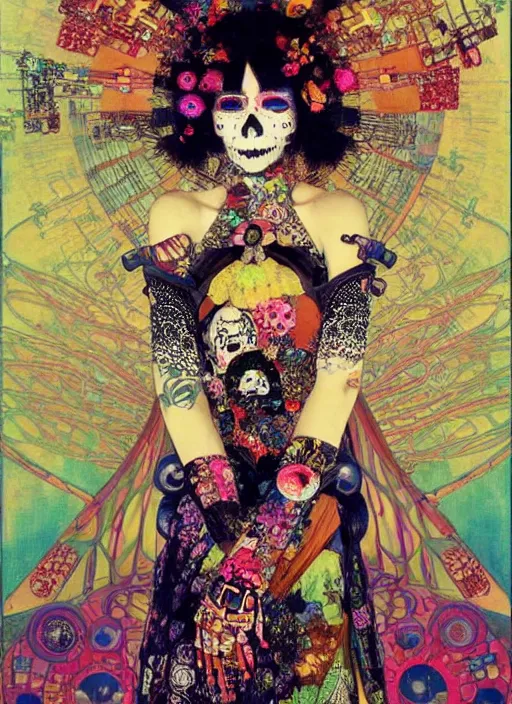 Image similar to cute punk goth fashion hippy fractal Día de los Muertos android girl wearing kimono made of circuits and leds by Zhang Jingna, psychedelic poster art by Hannah Höch Käthe Köllwitz Victor Moscoso Rick Griffin Alphonse Mucha Gustav Klimt Ayami Kojima Amano Charlie Bowater