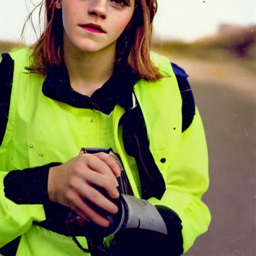 Image similar to photo, close up, emma watson in a hi vis vest, chewing tobacco, portrait, kodak gold 2 0 0,