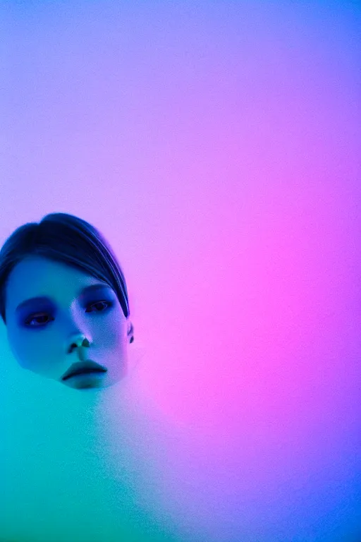 Image similar to high quality pastel coloured film close up wide angle photograph of a model wearing clothing resting on cloud furniture in a icelandic black rock!! environment in a partially haze filled dreamstate world. three point light, rainbow. photographic production. art directed. pastel colours. volumetric clouds. pastel gradient overlay. waves glitch artefacts. extreme facial clarity. 8 k. filmic.