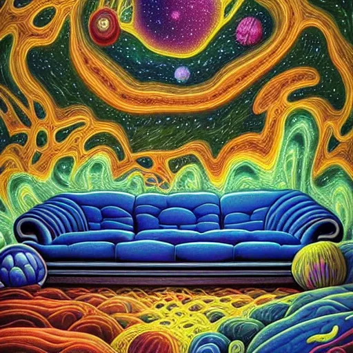 Image similar to psychedelic trippy couch in space, planets, plants, flowers, mushrooms milky way, sofa, cartoon by rob gonsalves