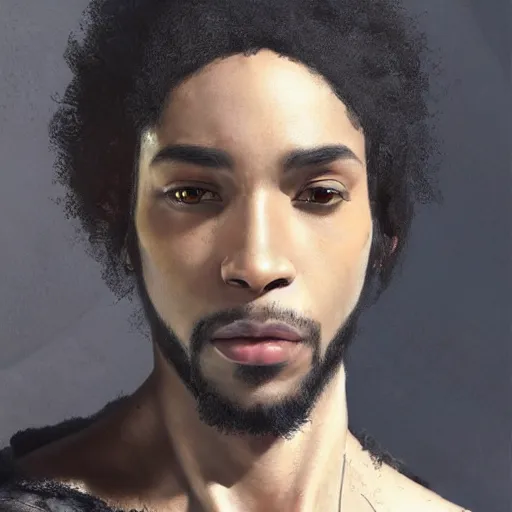 Image similar to portrait painting of a beautiful black man with cut scars and cropped hair wearing a tattered fur coat, ultra realistic, concept art, intricate details, eerie, highly detailed, photorealistic, octane render, 8 k, unreal engine. art by artgerm and greg rutkowski and charlie bowater and magali villeneuve and alphonse mucha