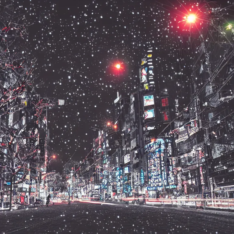 Image similar to illustration of tokyo with many lights and lens flares, snowy winter christmas night