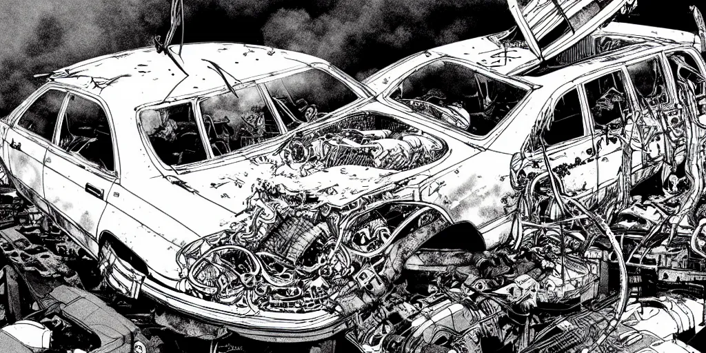 Image similar to a big woman axolotl in evil burning wrecked mercedes 1 2 4, ultrafine hyperdetailed illustration by kim jung gi