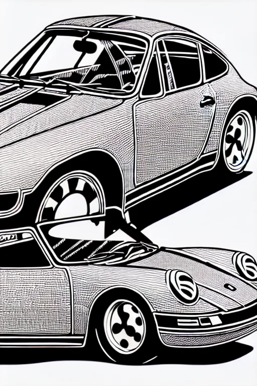 Image similar to a black and white drawing of a porsche 9 1 1, a detailed mixed media collage by hiroki tsukuda and eduardo paolozzi and moebius, intricate linework, sketchbook psychedelic doodle comic drawing, geometric, street art, polycount, deconstructivism, matte drawing, academic art, constructivism