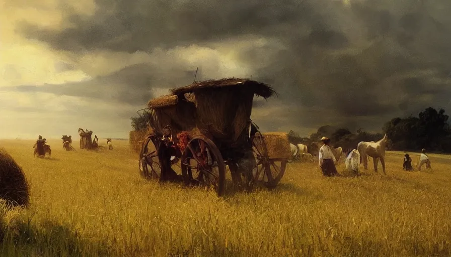 Image similar to simple amish farmers shocking hay in open fields, art by anders zorn, wonderful masterpiece by greg rutkowski, beautiful cinematic light, american romanticism thomas lawrence, greg rutkowski