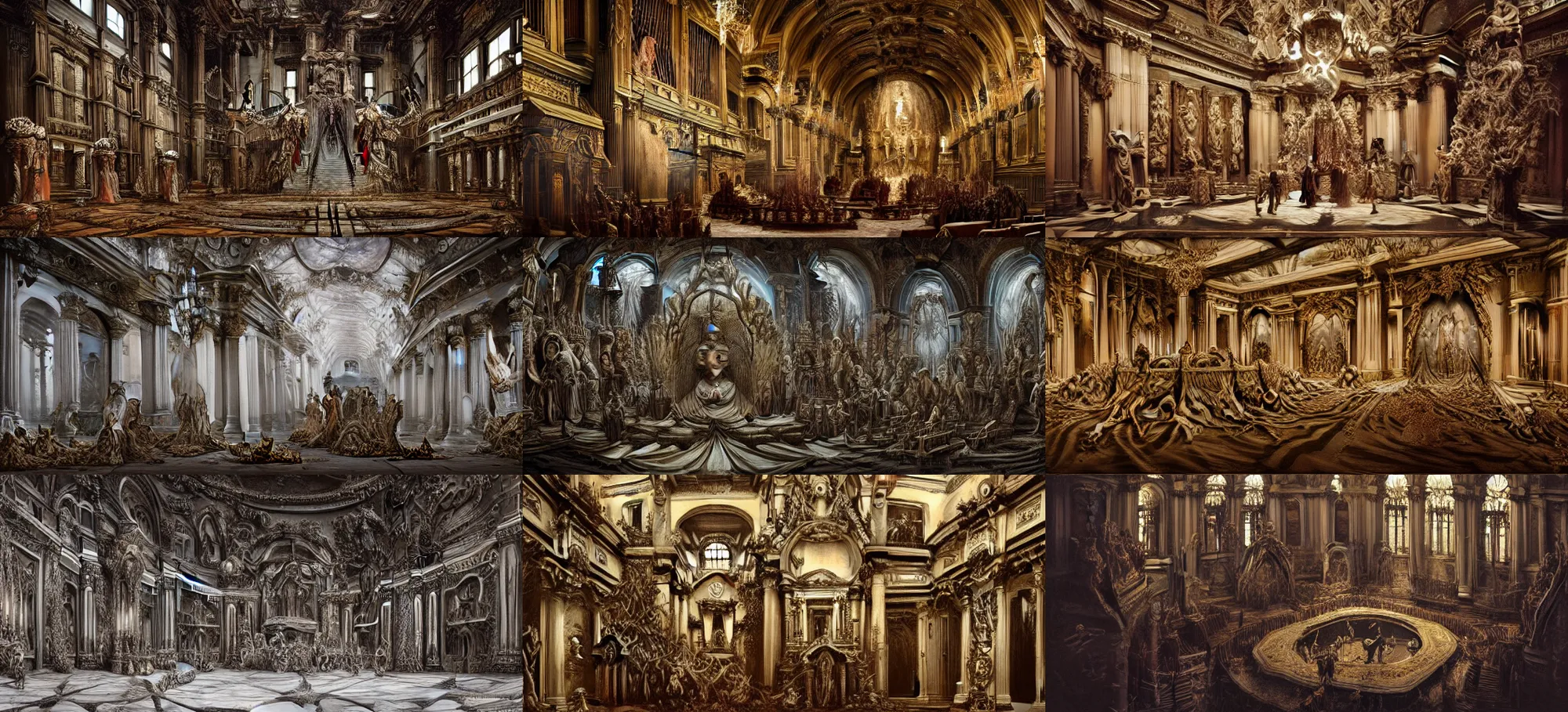 Prompt: photo of the site of a sacred blasphemous mind-bending ritual, style of Peter Gric, lavish rococo baroque setting, fashion-photography, unholy ceremony, sacrilegious rite, evil, menacing, ominous, threatening, sinister, malevolent. Highly-detailed, photographic, cinematic, dramatic, establishing shot