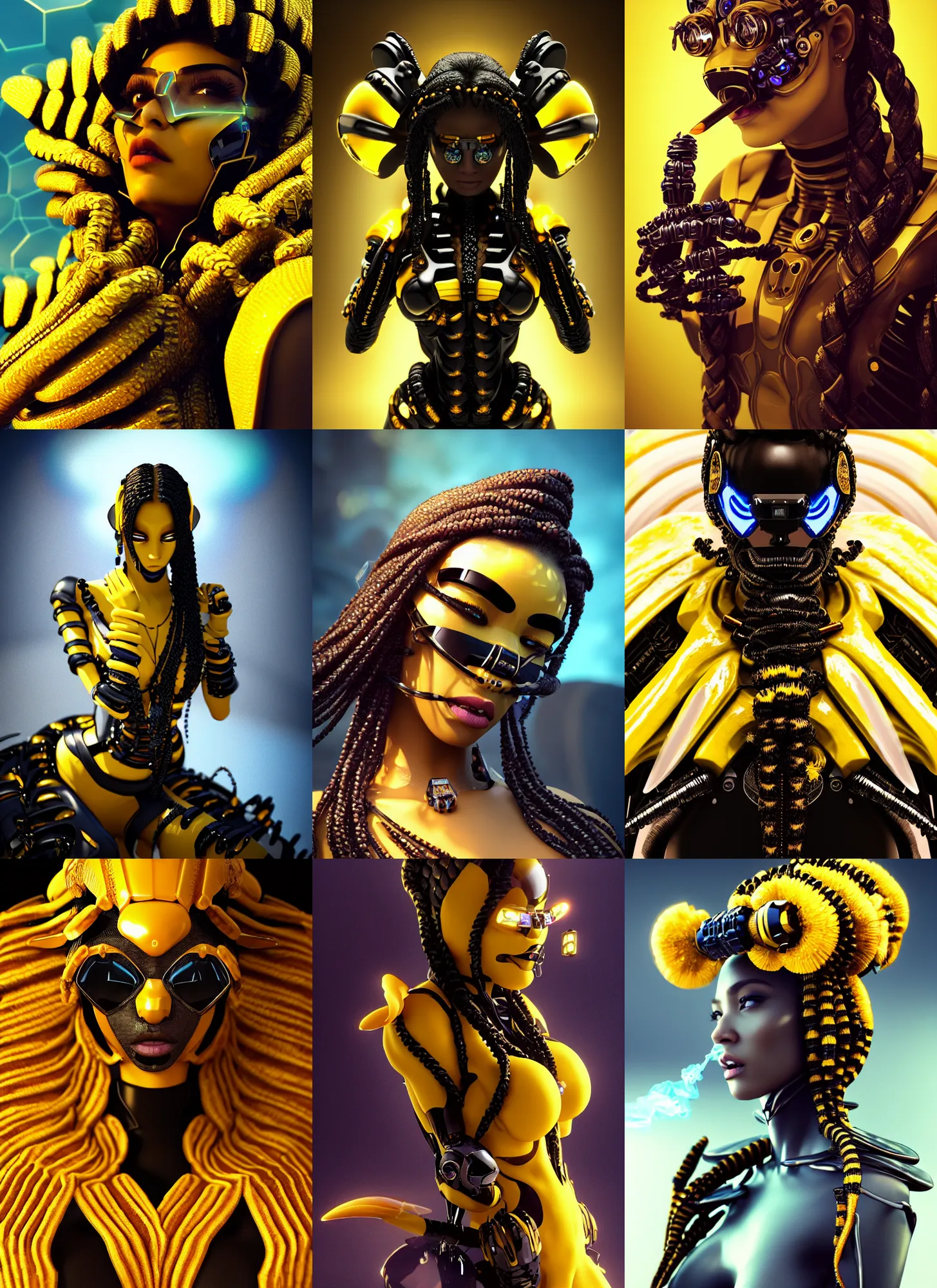 Prompt: iridecent obsidian bumblebee edm cyborg smoking | braids, jewelry | glamorous oily soft polished rich enticing ornate modern | weta disney pixar movie still photo | hi - fructose, sci fi fantasy, golden ratio details, smooth, octane render, sharp focus, artstation, concept art | beeple, feng zhu, artgerm, mucha, rutkowski |