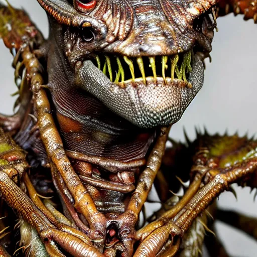 Prompt: photo taken of an epic intricate, ultra detailed, super realistic gritty, wet, slimy, lifelike sculpture of a nightmarish hellish humanoid faced insectoid creature created by weta workshop, menacing, some zoomed in shots, extremely photorealistic, sharp focus