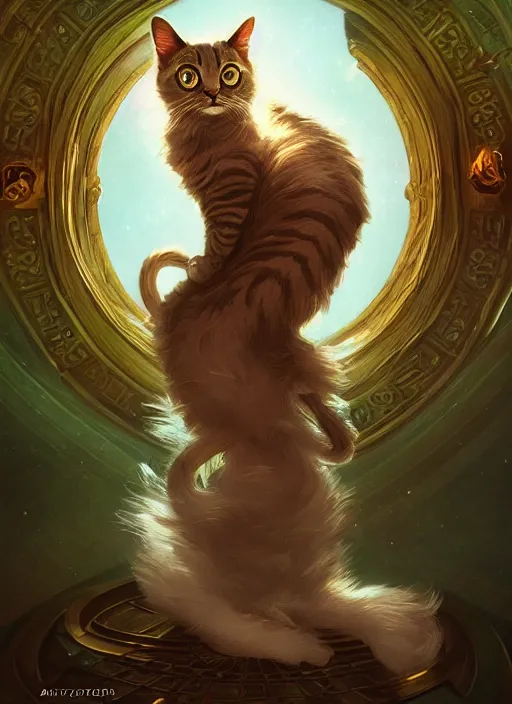 Image similar to photography of a cat tarot card, deep focus, d & d, fantasy, intricate, elegant, highly detailed, digital painting, artstation, concept art, matte, sharp focus, illustration, hearthstone, magic the gathering, art by artgerm and greg rutkowski and alphonse mucha